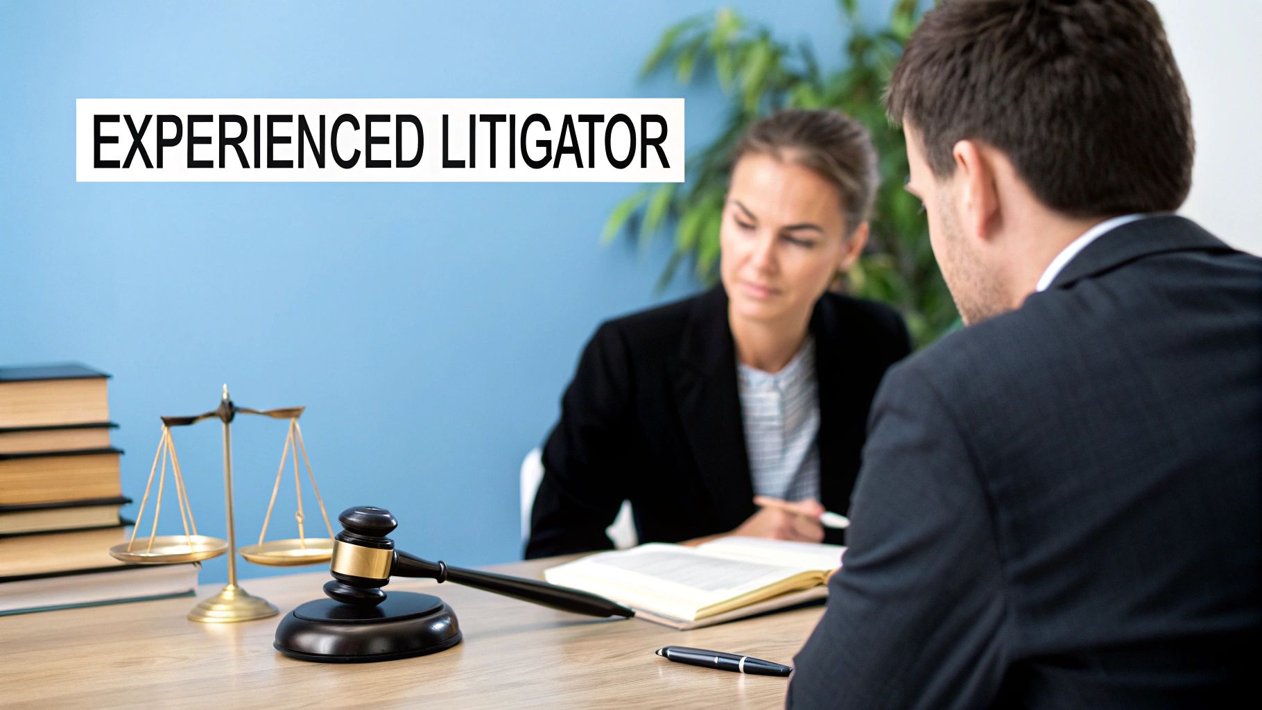Lawyers discuss a case in an office with scales of justice and a gavel, highlighting an experienced litigator.