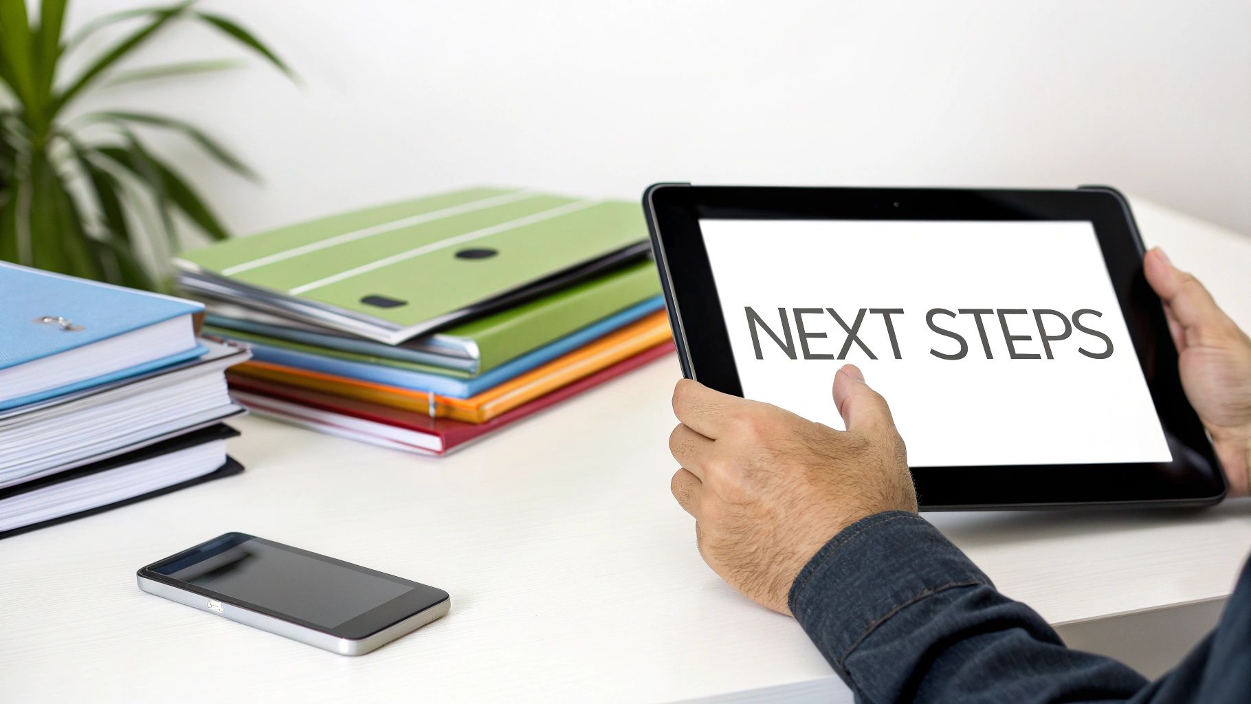 A person holds a tablet displaying 'NEXT STEPS' at a desk with files and a smartphone.