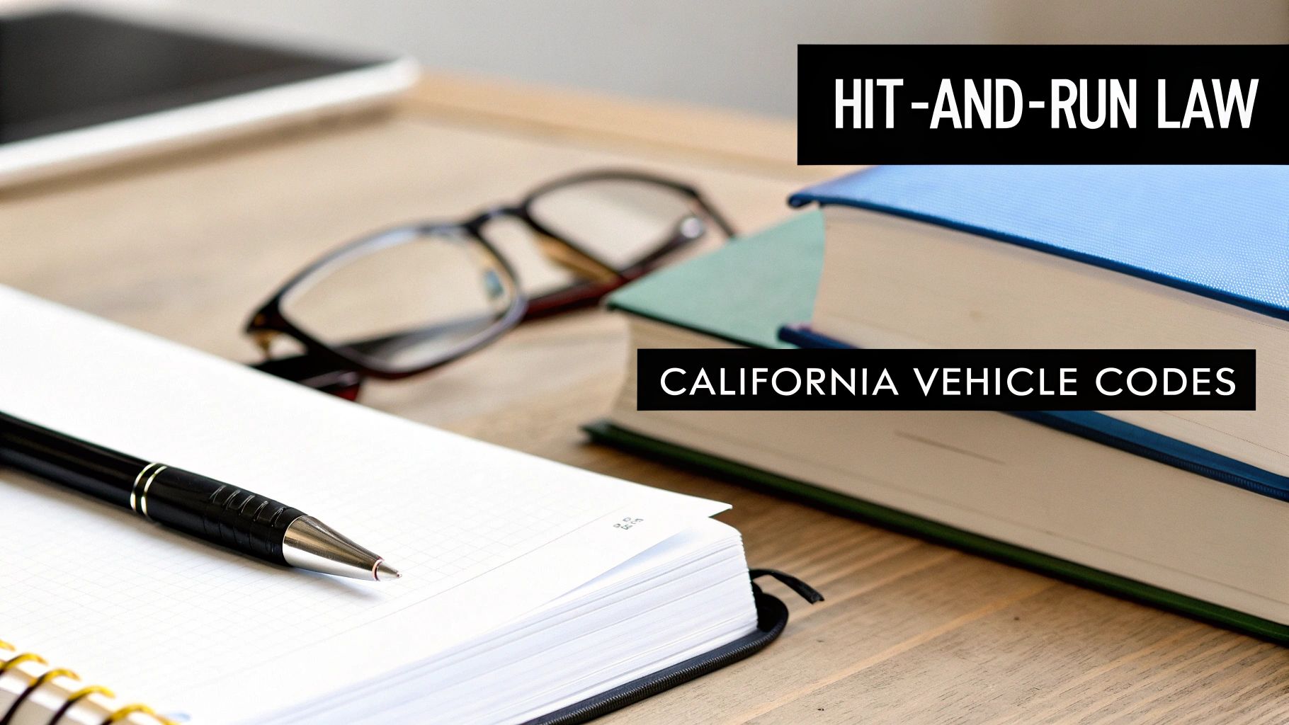 A desk with legal books, a notebook, pen, and glasses, highlighting hit-and-run law and California vehicle codes.