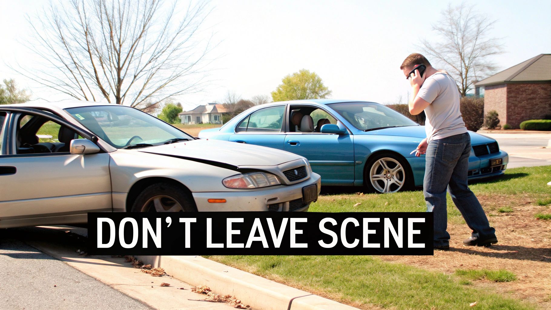Man calling on a phone at a car accident scene with two damaged vehicles, text 'DON'T LEAVE SCENE'.