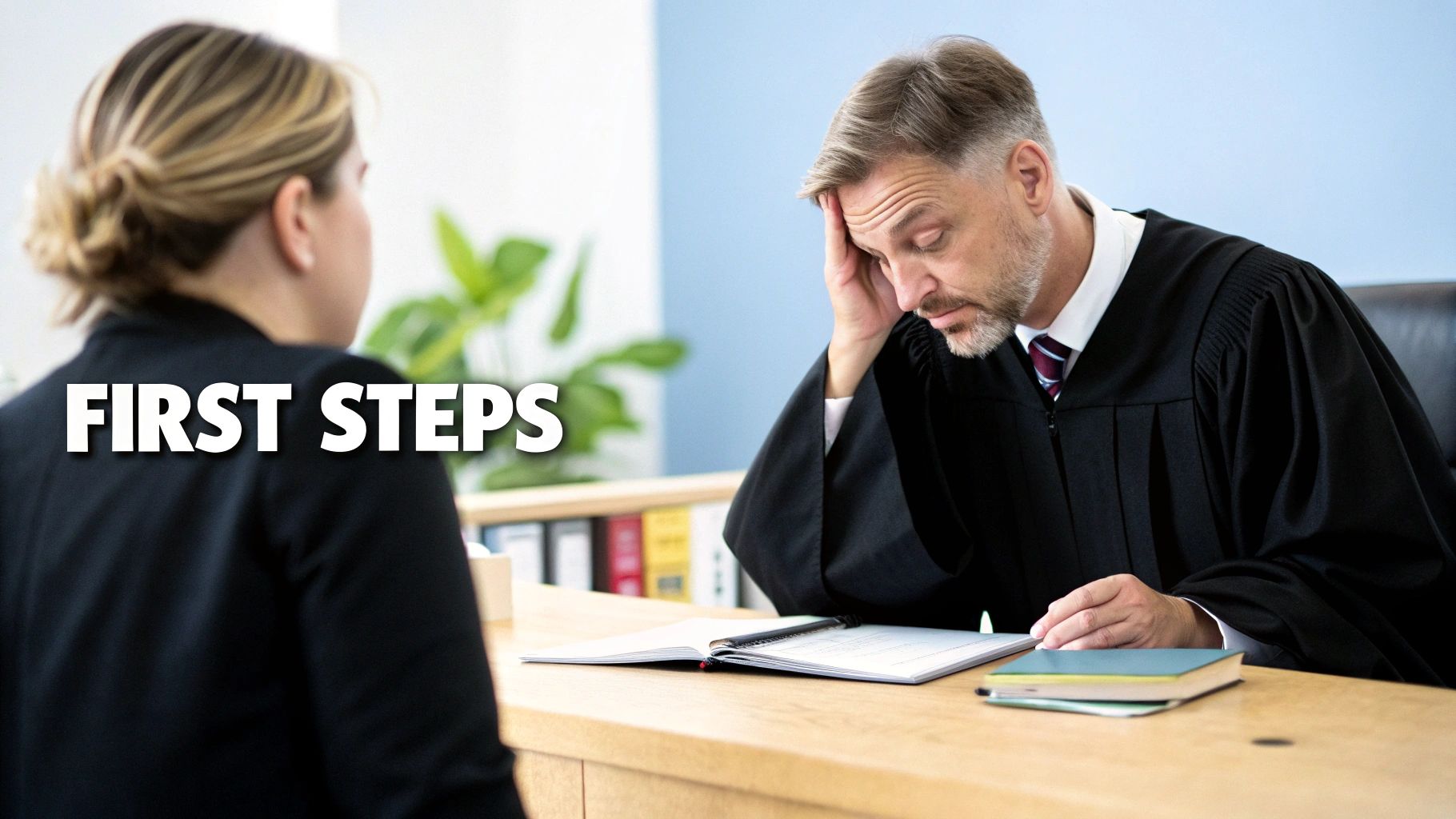 A pensive judge or lawyer in a black robe reviews documents at a desk, facing a woman.