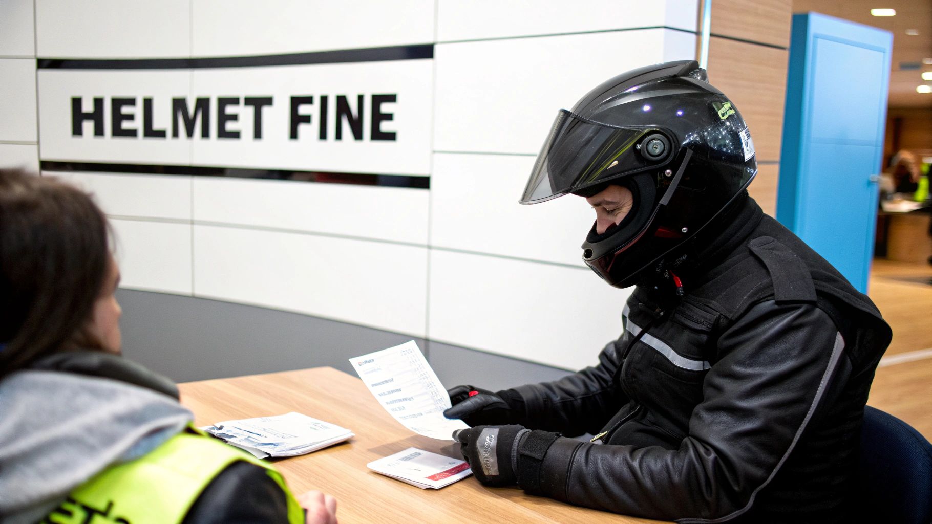 A motorcycle rider looking at a traffic ticket with a sense of frustration.
