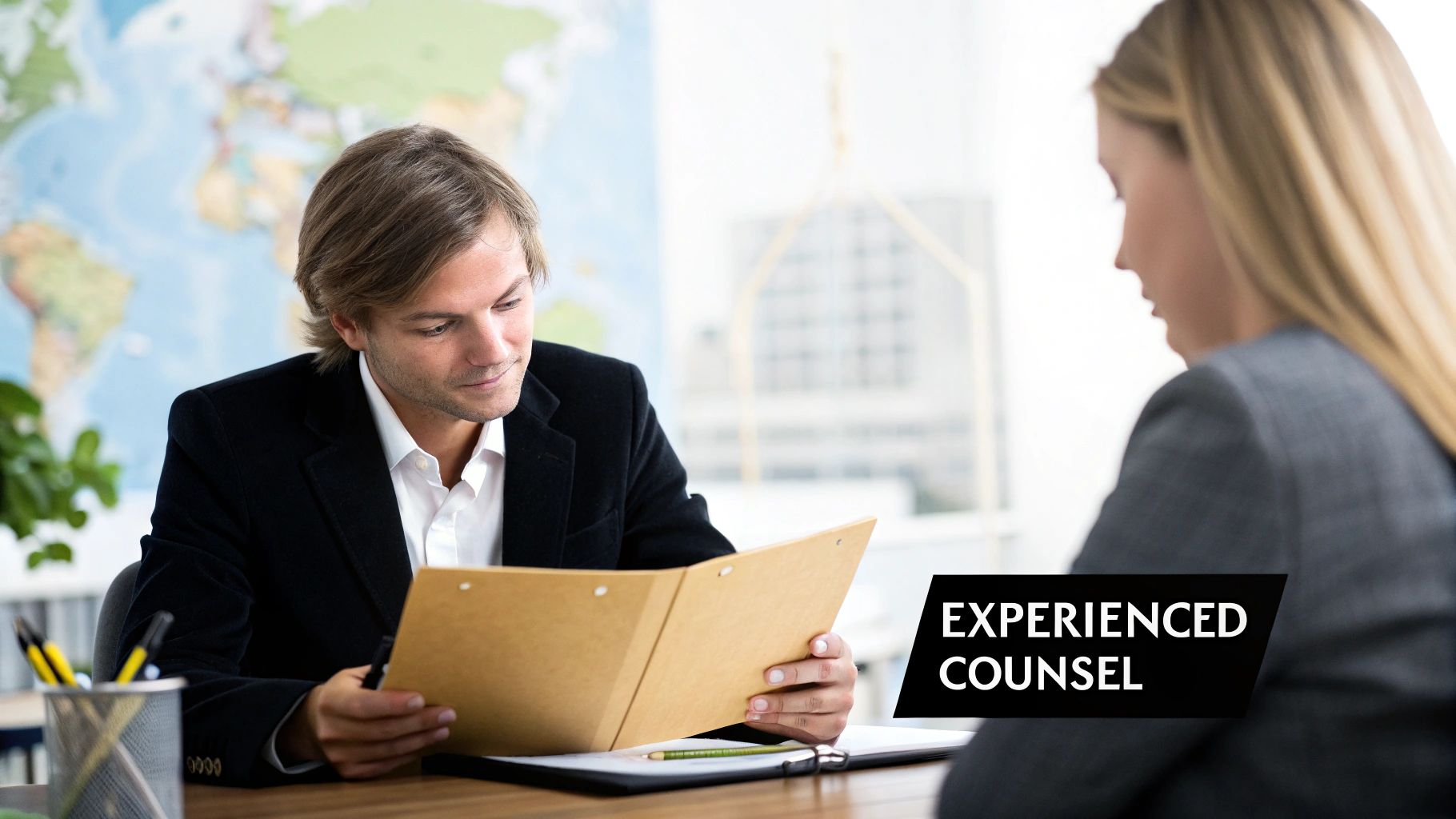 An experienced male counsel reviews documents with a female client in an office environment.