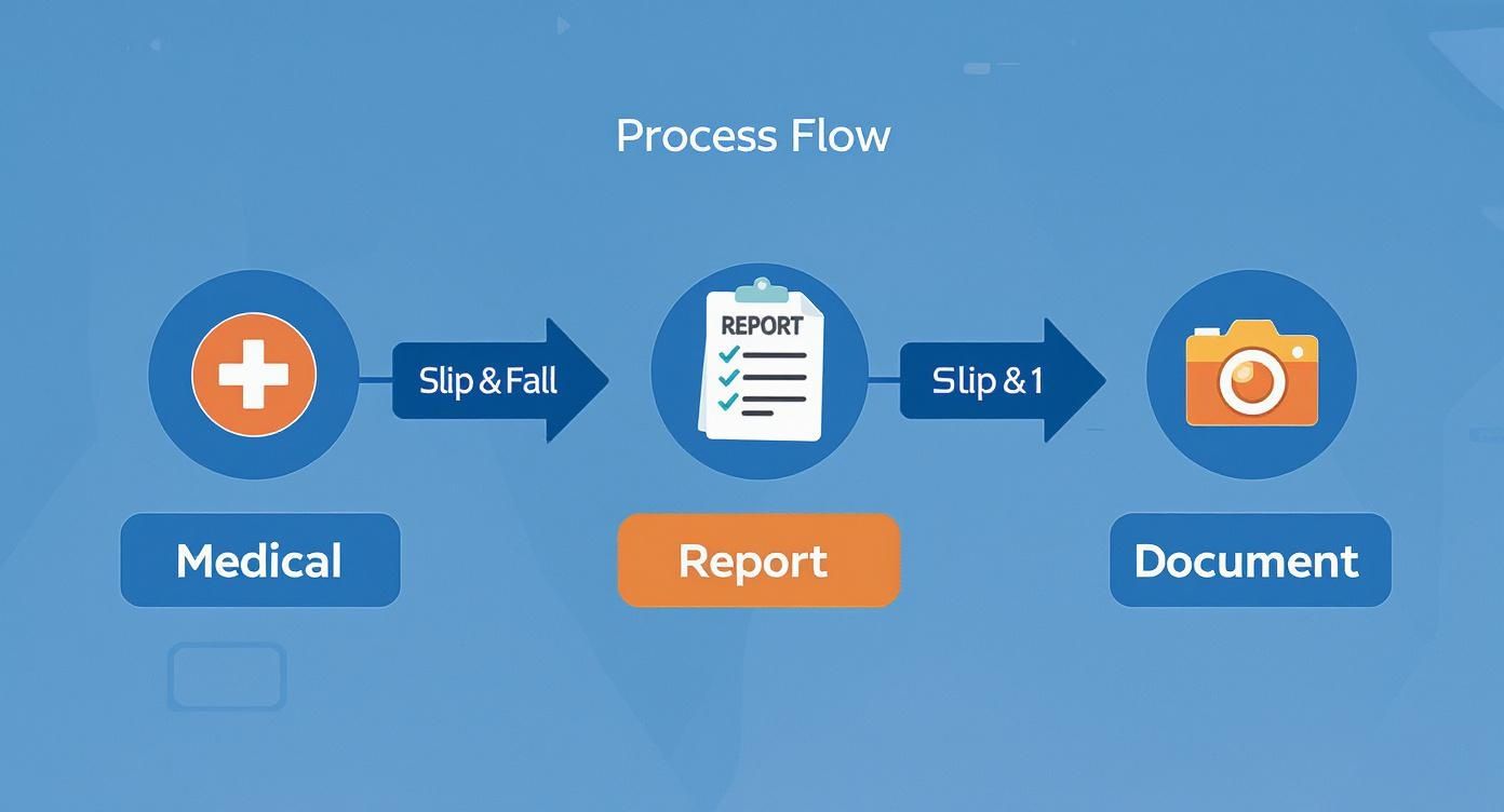 A process flow diagram illustrating steps for medical attention, reporting, and documentation after a slip and fall.