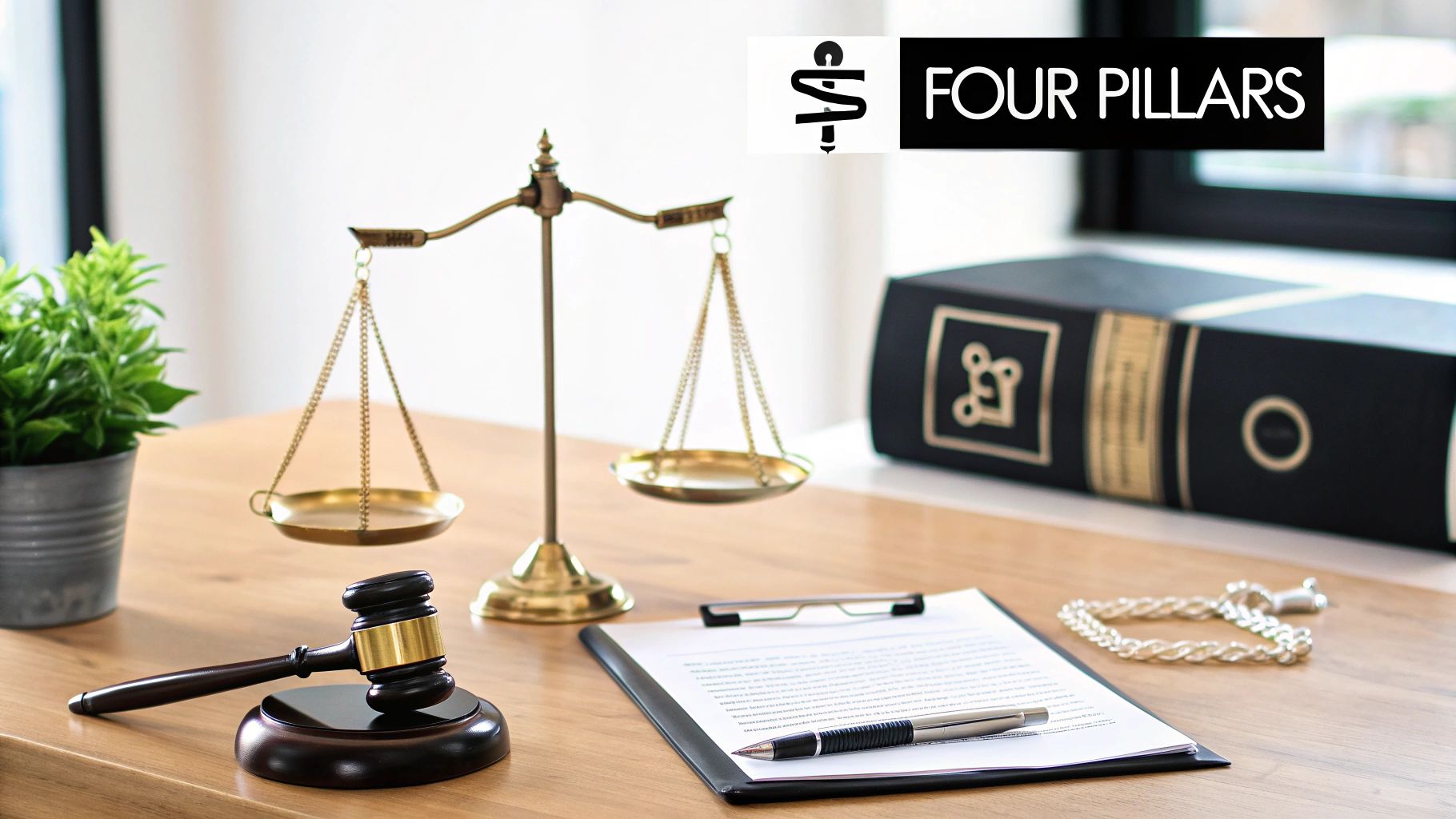 A professional desk setup with legal scales, a gavel, documents, and a book, symbolizing justice.