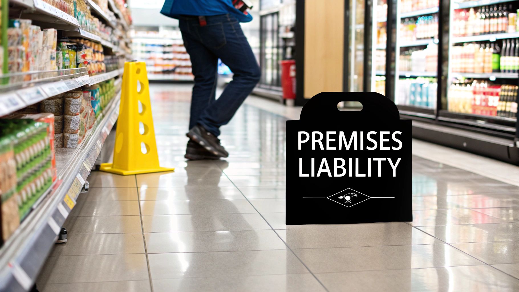 A 'Premises Liability' sign and a yellow cone on a wet floor in a grocery store aisle.
