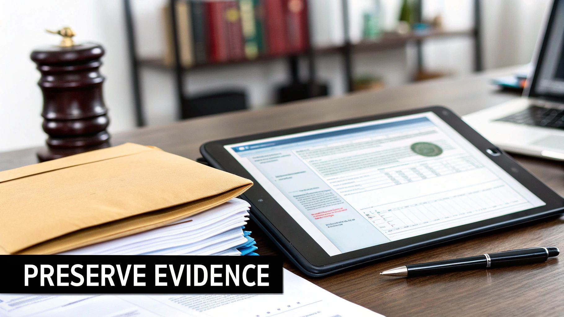 A legal professional's desk with documents, a tablet, gavel, and pen, emphasizing the need to preserve evidence.
