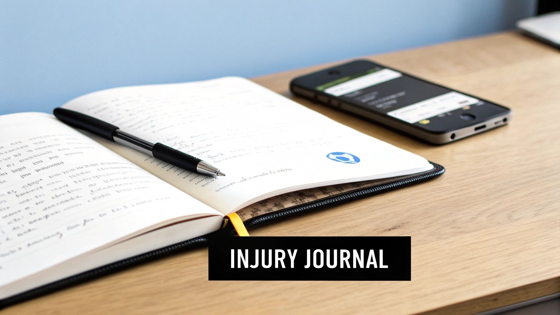 An open notebook with a pen, a smartphone, and a text overlay 'INJURY JOURNAL' on a wooden desk.