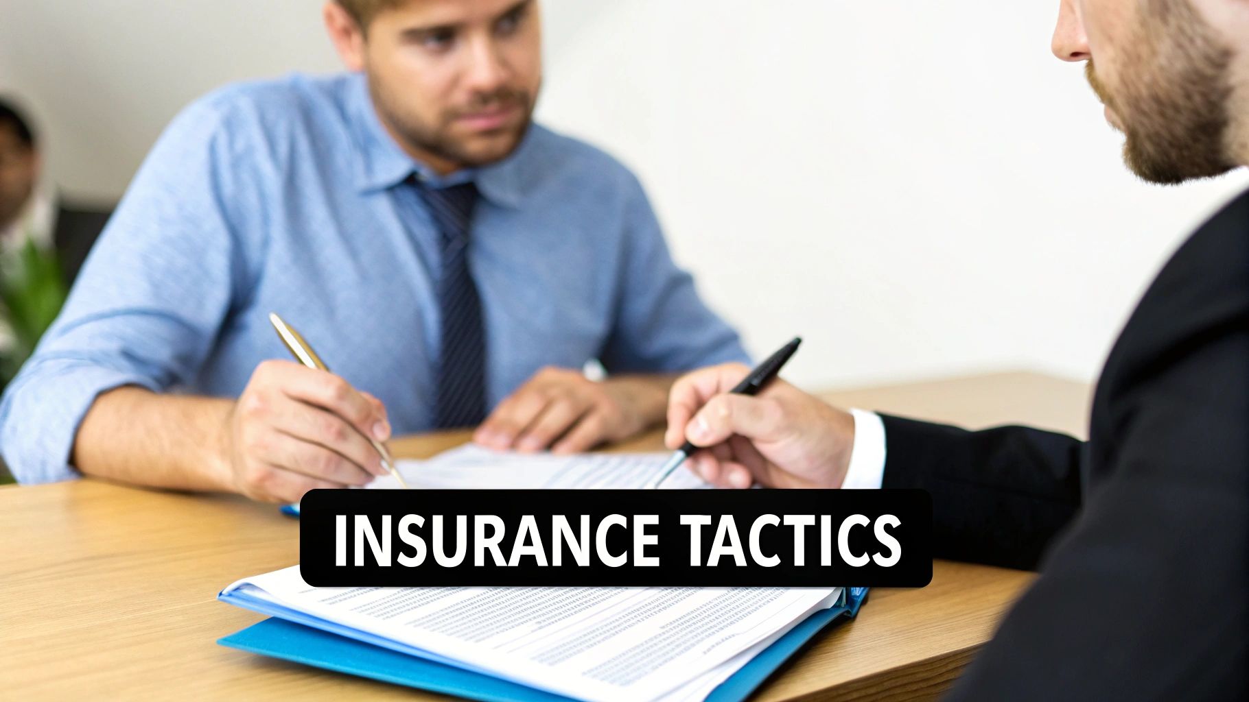 A person signing an insurance claim form on a clipboard