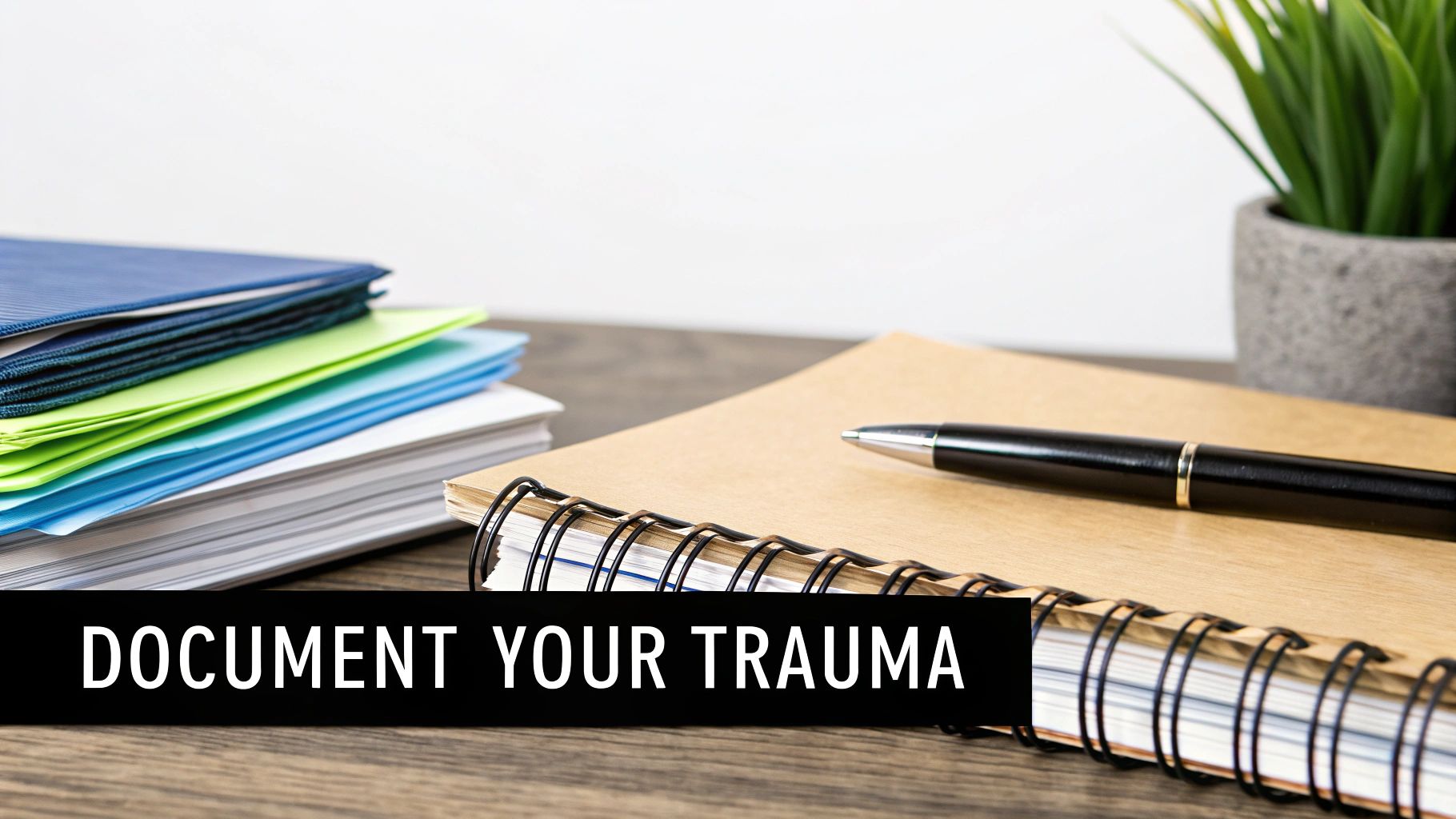 A desk with colorful folders, a notebook, and a pen. Text: 'DOCUMENT YOUR TRAUMA' is overlaid.