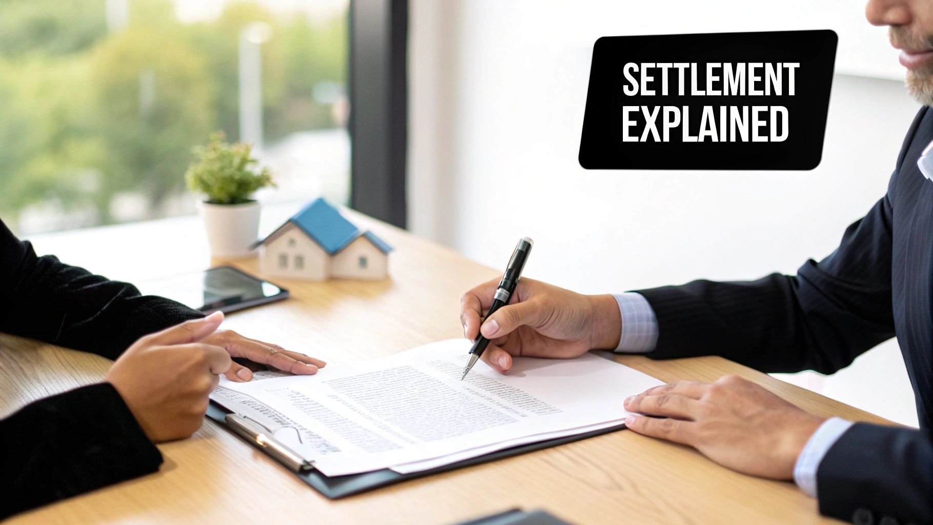 Two people at a desk, one signing a document, another pointing. Miniature houses and 'SETTLEMENT EXPLAINED' text.