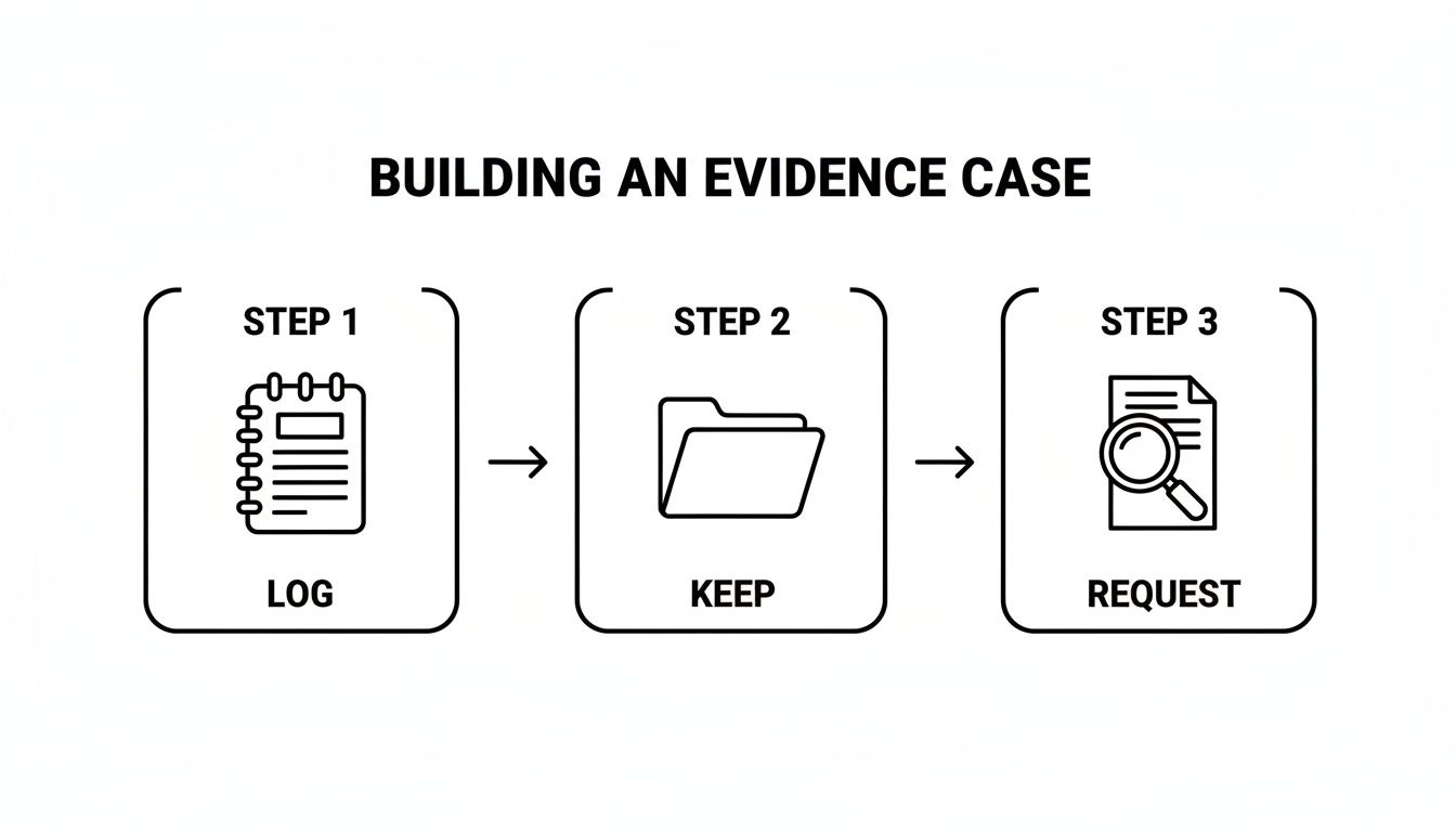A three-step diagram illustrates building an evidence case: log, keep, and request documents.