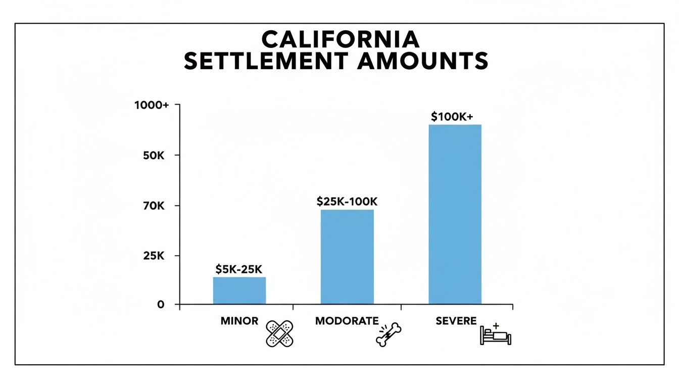 Bar chart illustrating California settlement amounts for minor, moderate, and severe injuries.