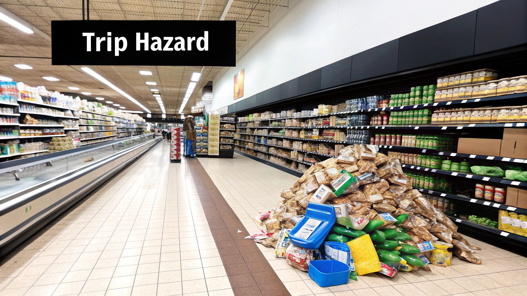 A grocery store aisle with a large pile of spilled products on the floor, labeled as a trip hazard.