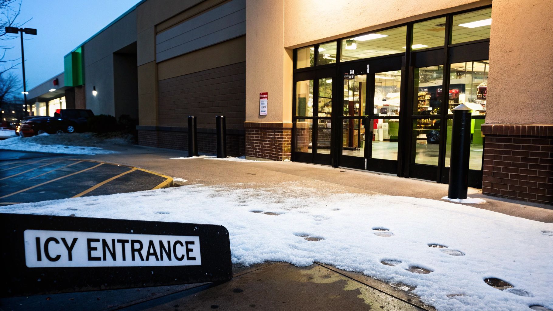 Store entrance covered in snow with 'ICY ENTRANCE' sign and footprints leading inside.