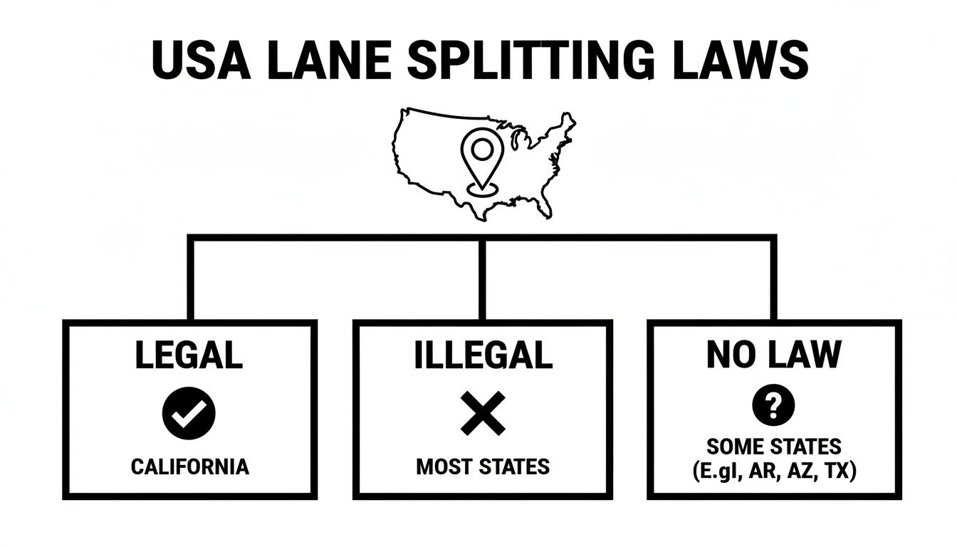 Diagram showing USA lane splitting laws, categorized as Legal (California), Illegal (most states), and No Law (some states like AR, AZ, TX).