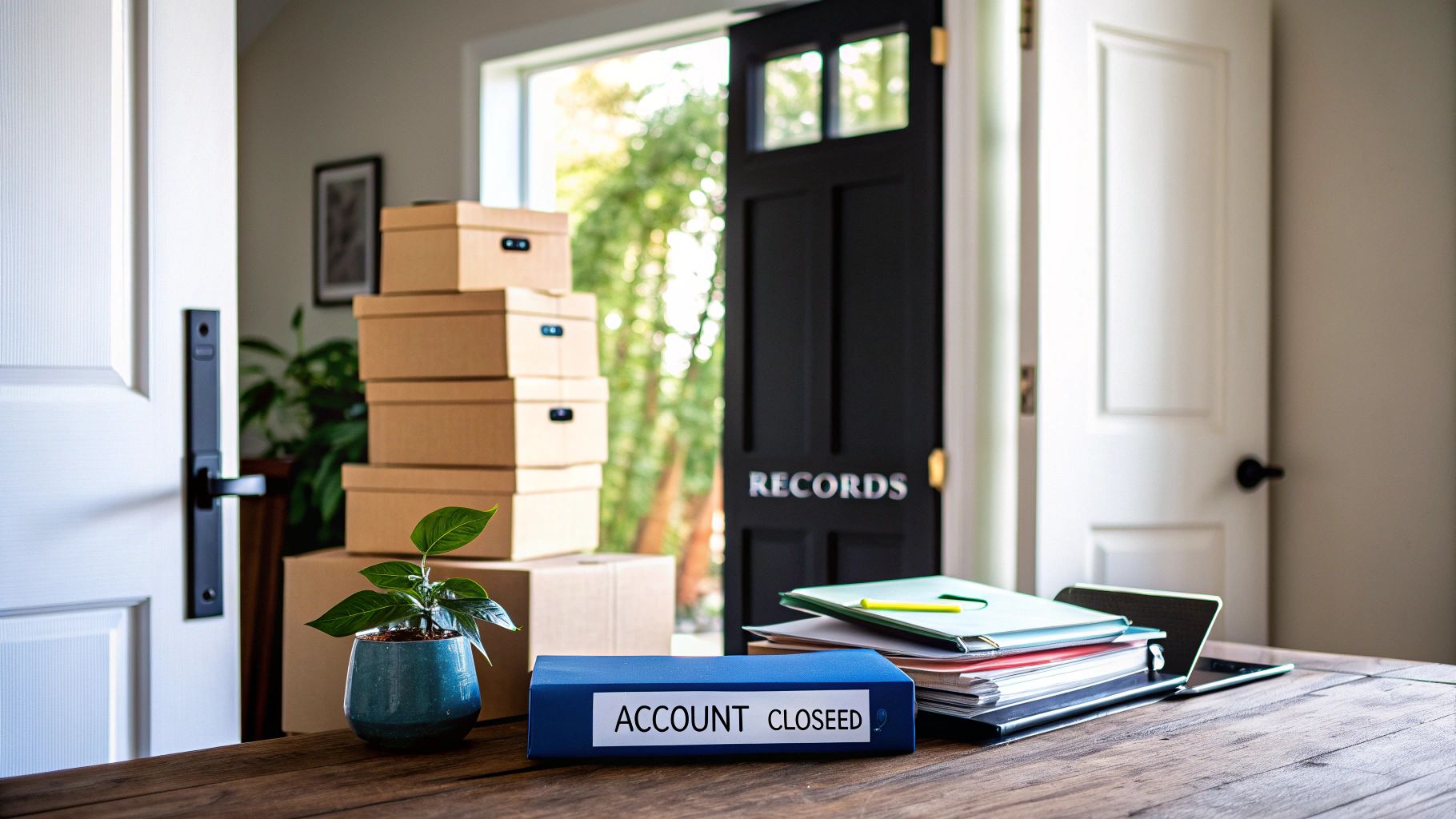 A blue binder labeled 'ACCOUNT CLOSED' on a wooden desk with moving boxes in the background.