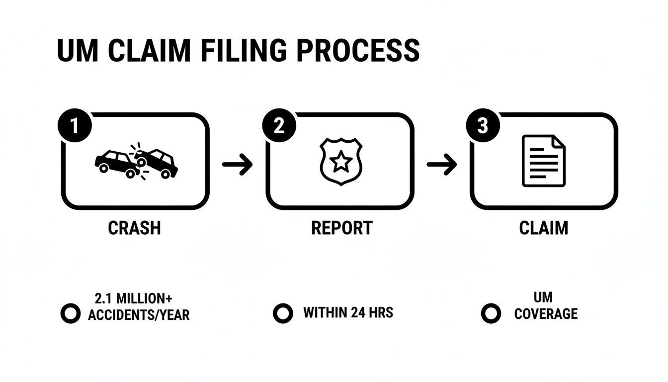 Process flow for filing an Uninsured Motorist (UM) claim, showing steps from crash to report and final claim.