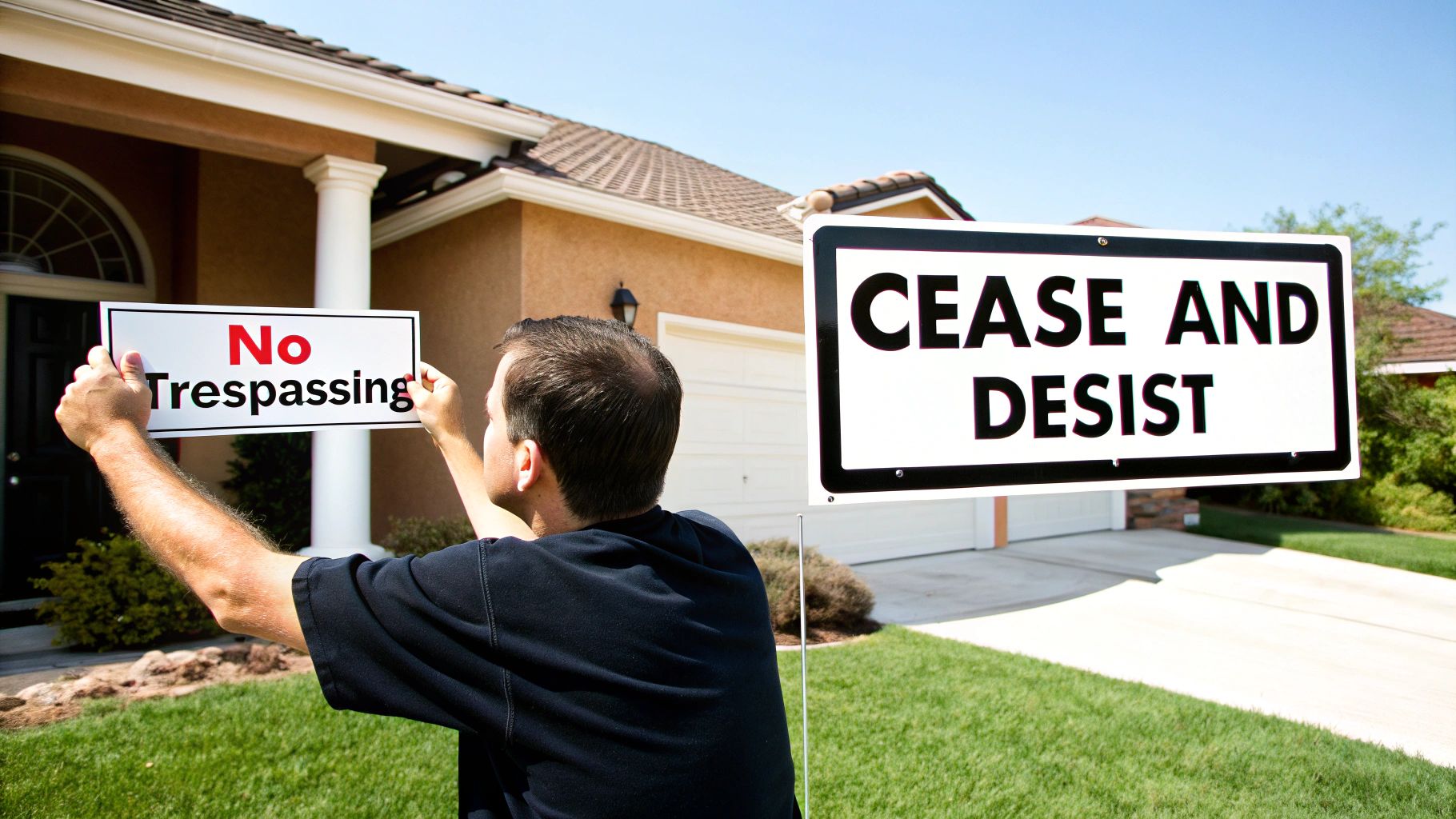 A man holds a "No Trespassing" sign in front of a house, with a "Cease and Desist" sign visible.