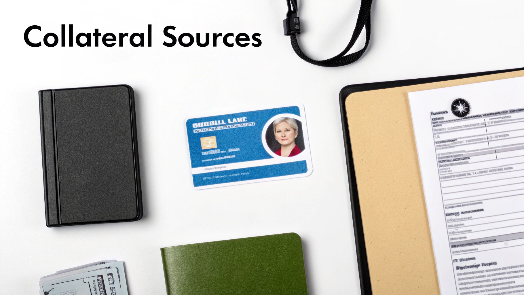 Flat lay of desk items including an ID card, notebooks, and documents, with 'Collateral Sources' text.