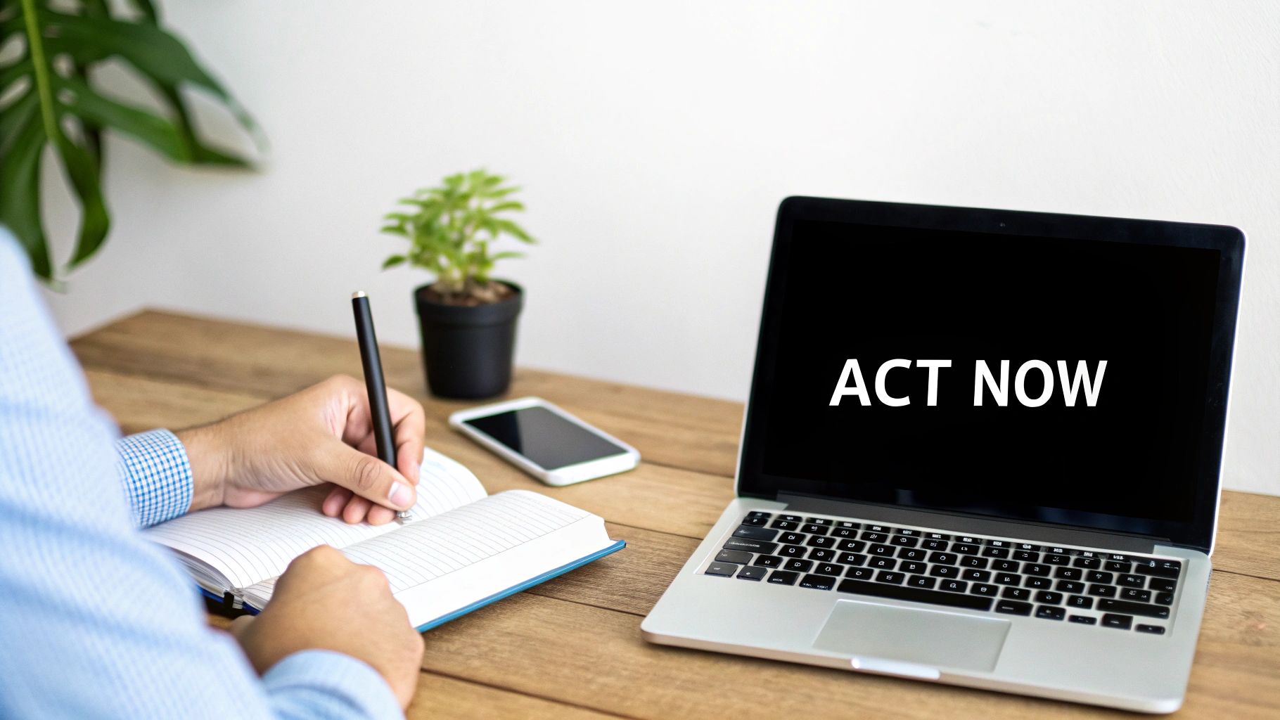 A person takes notes on a wooden desk with a laptop displaying 'ACT NOW' on its screen.