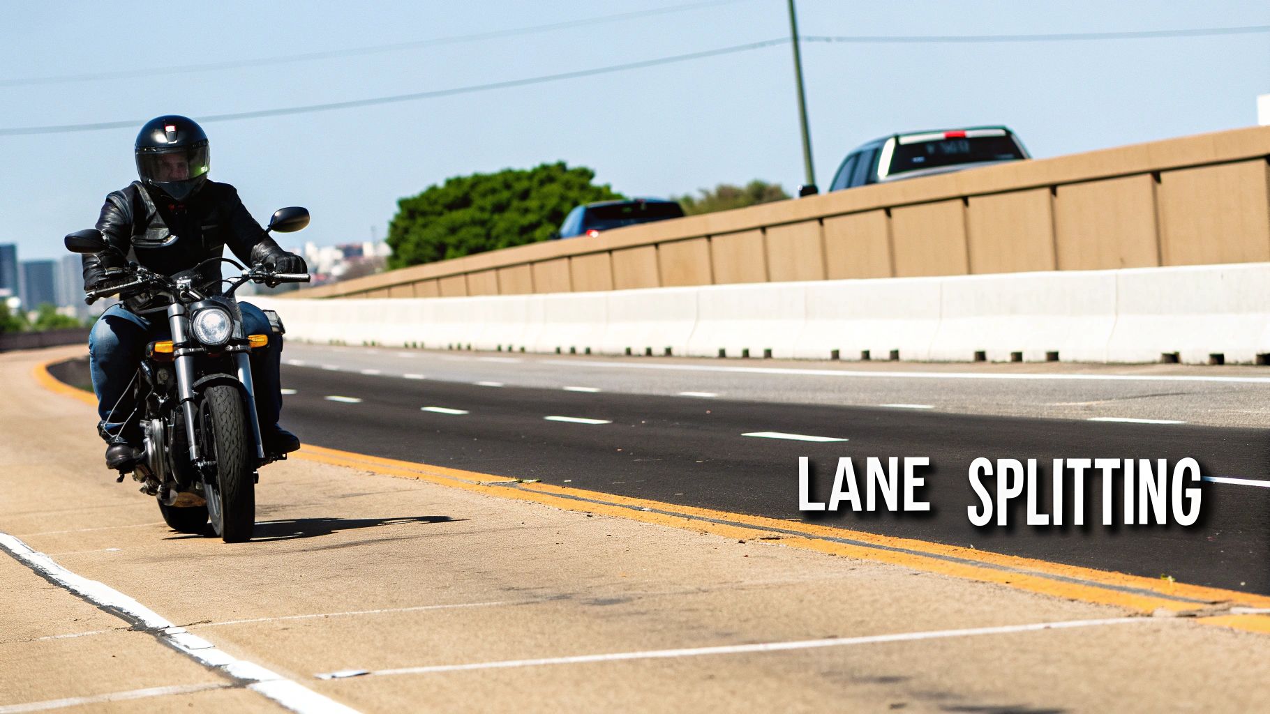 A motorcyclist in a helmet and black jacket on a highway, appearing to lane split.