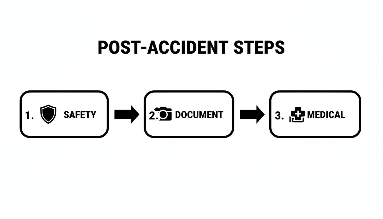 Flowchart showing post-accident steps: 1. Safety, 2. Document the scene, 3. Seek medical attention.