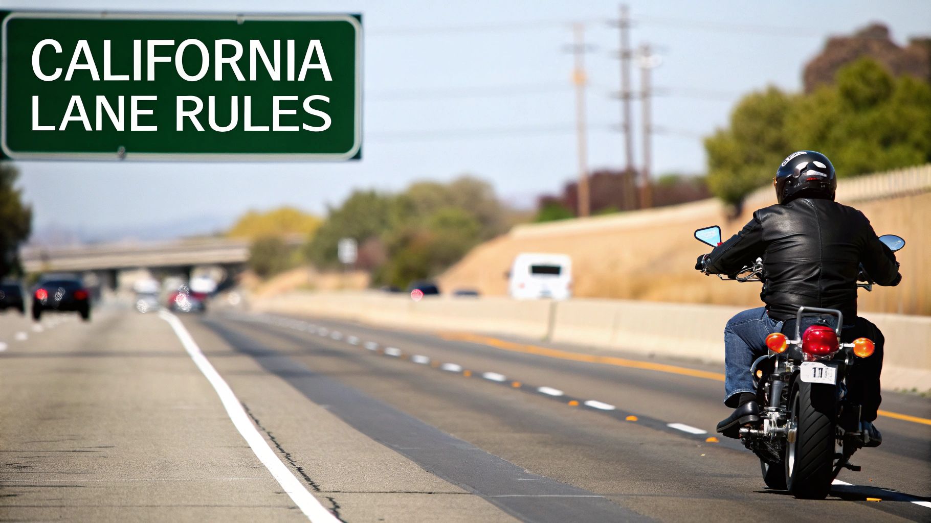A motorcyclist rides on a California highway under a 'CALIFORNIA LANE RULES' sign, illustrating lane usage.