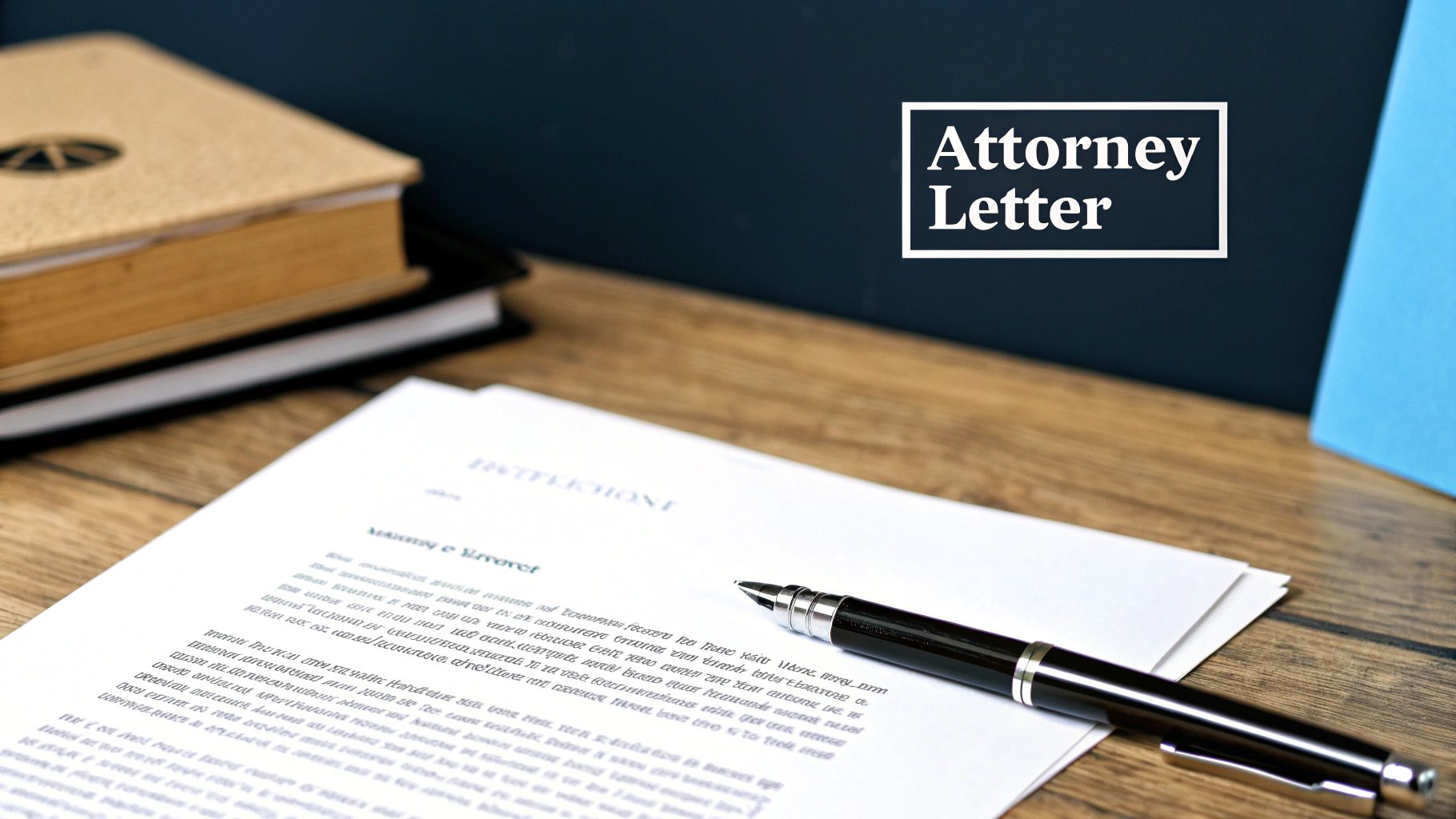 An attorney letter and legal documents with a pen on a wooden desk, with books in the background.