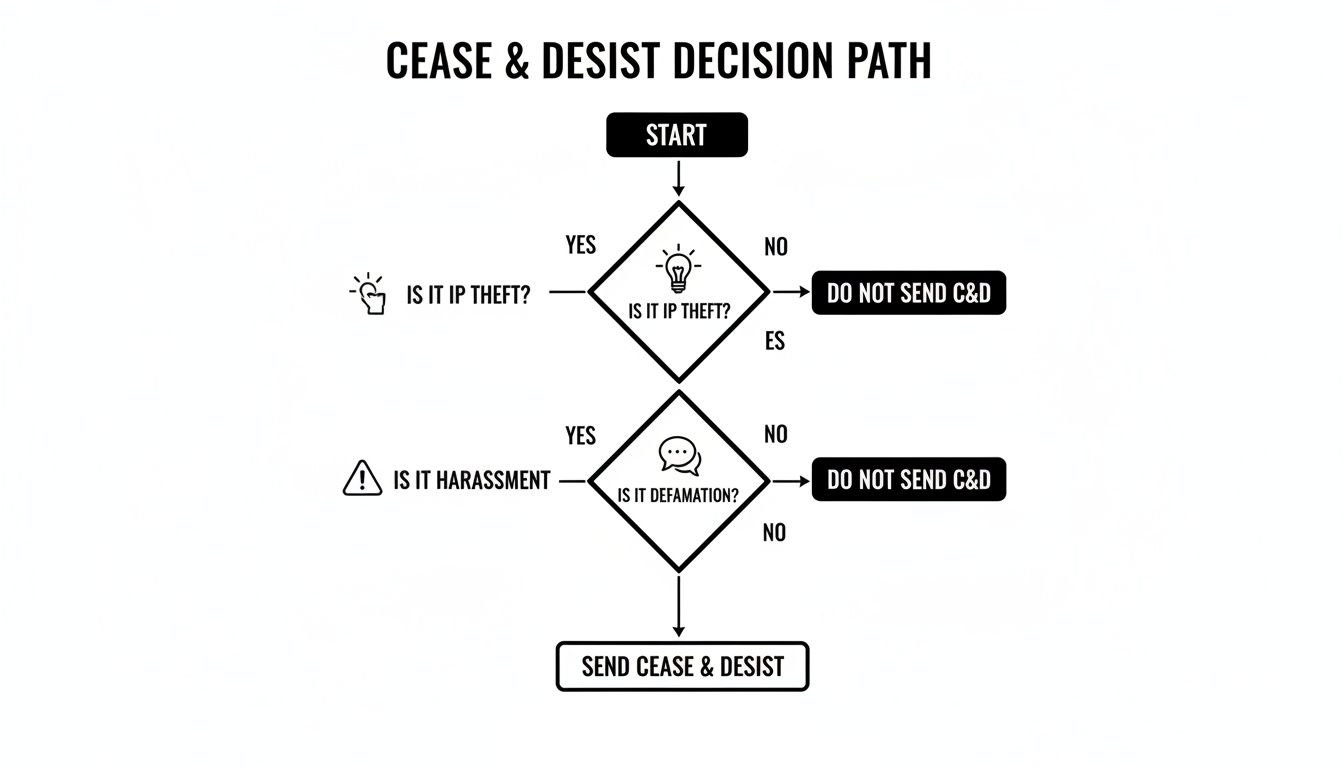 Flowchart illustrating the decision path for sending a cease and desist letter.