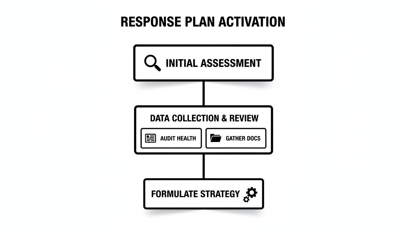 A flowchart detailing a response plan activation, including initial assessment, data collection, and strategy formulation.