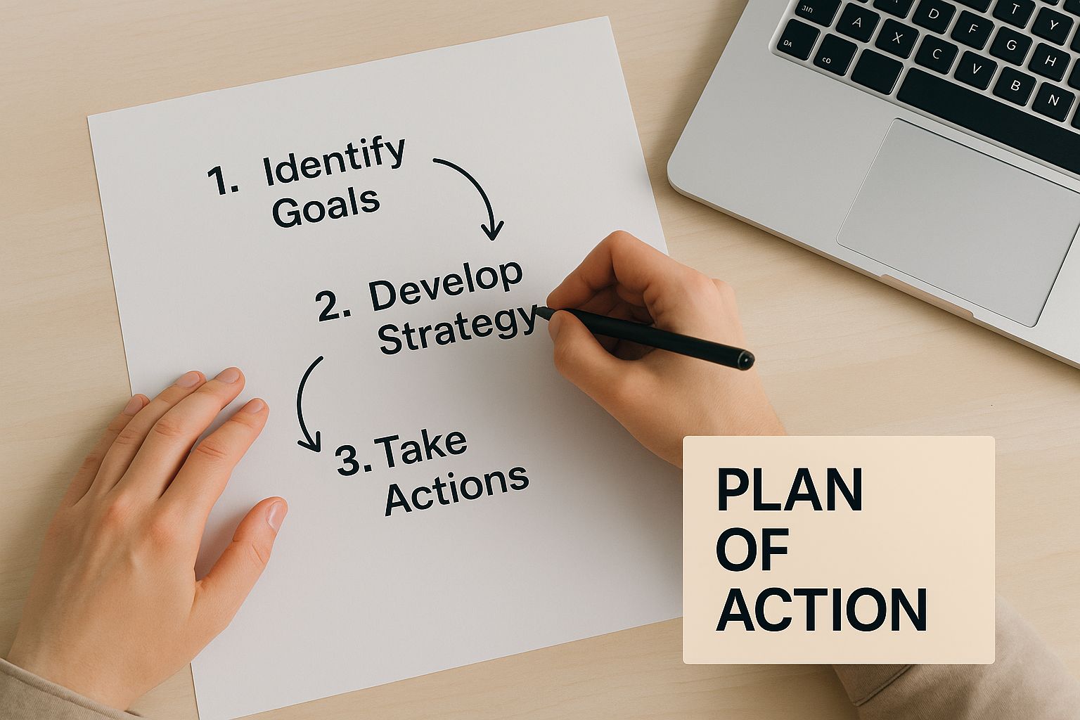 An infographic showing a person drafting a Plan of Action with notes and a laptop, with a text block that says 'Plan of Action' in the corner.
