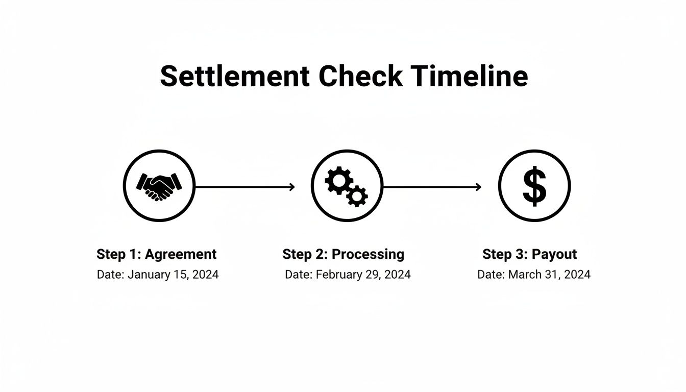 Timeline illustrating the three steps of a settlement check: agreement, processing, and payout with dates.