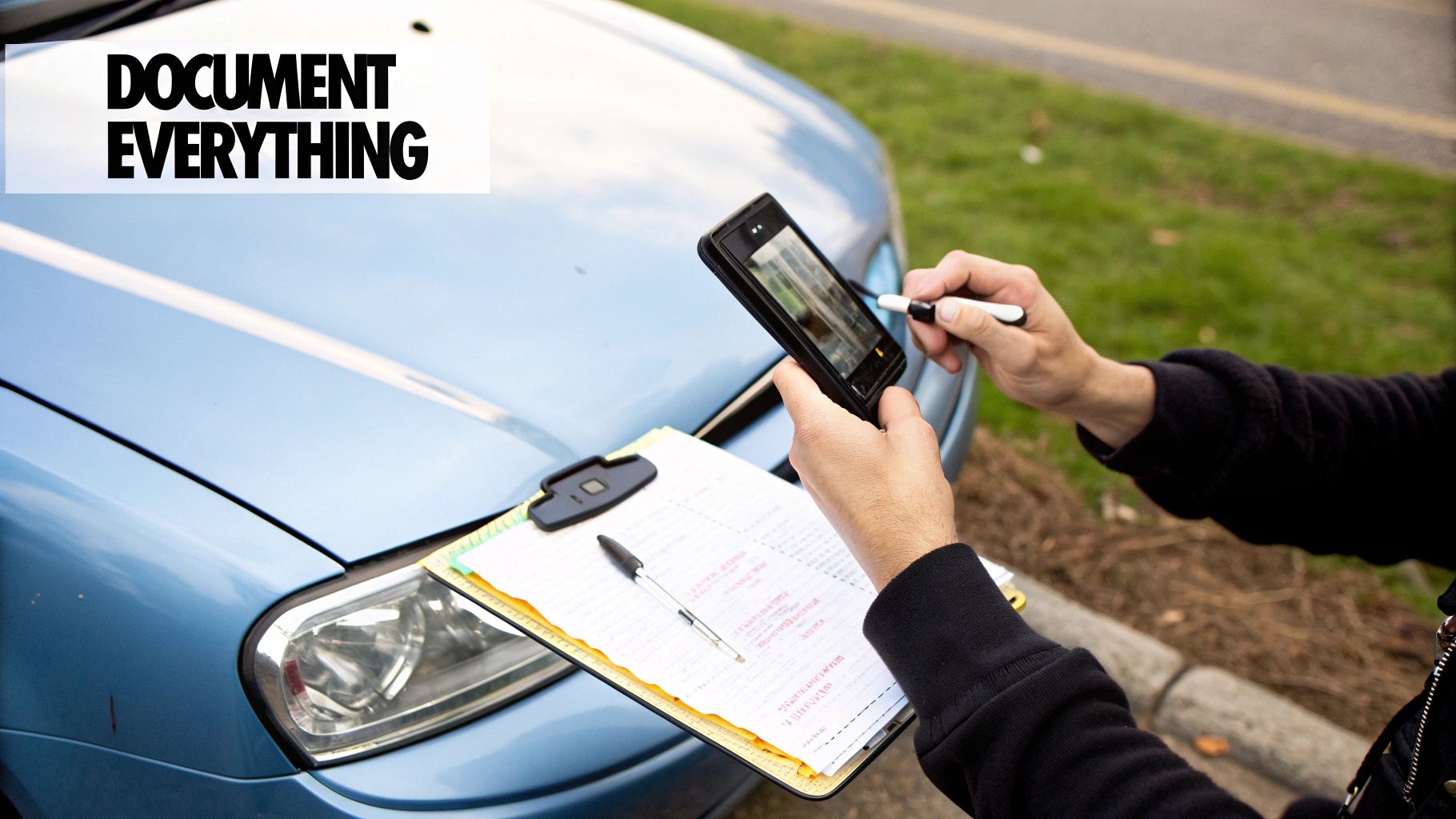 A person meticulously documents a blue car with a smartphone and clipboard, emphasizing thorough record-keeping.