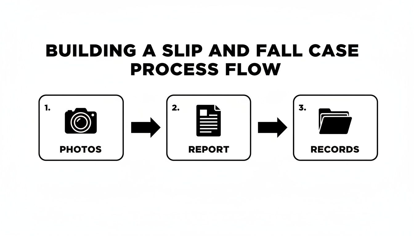 A three-step process flow diagram for building a slip and fall case: photos, report, records.
