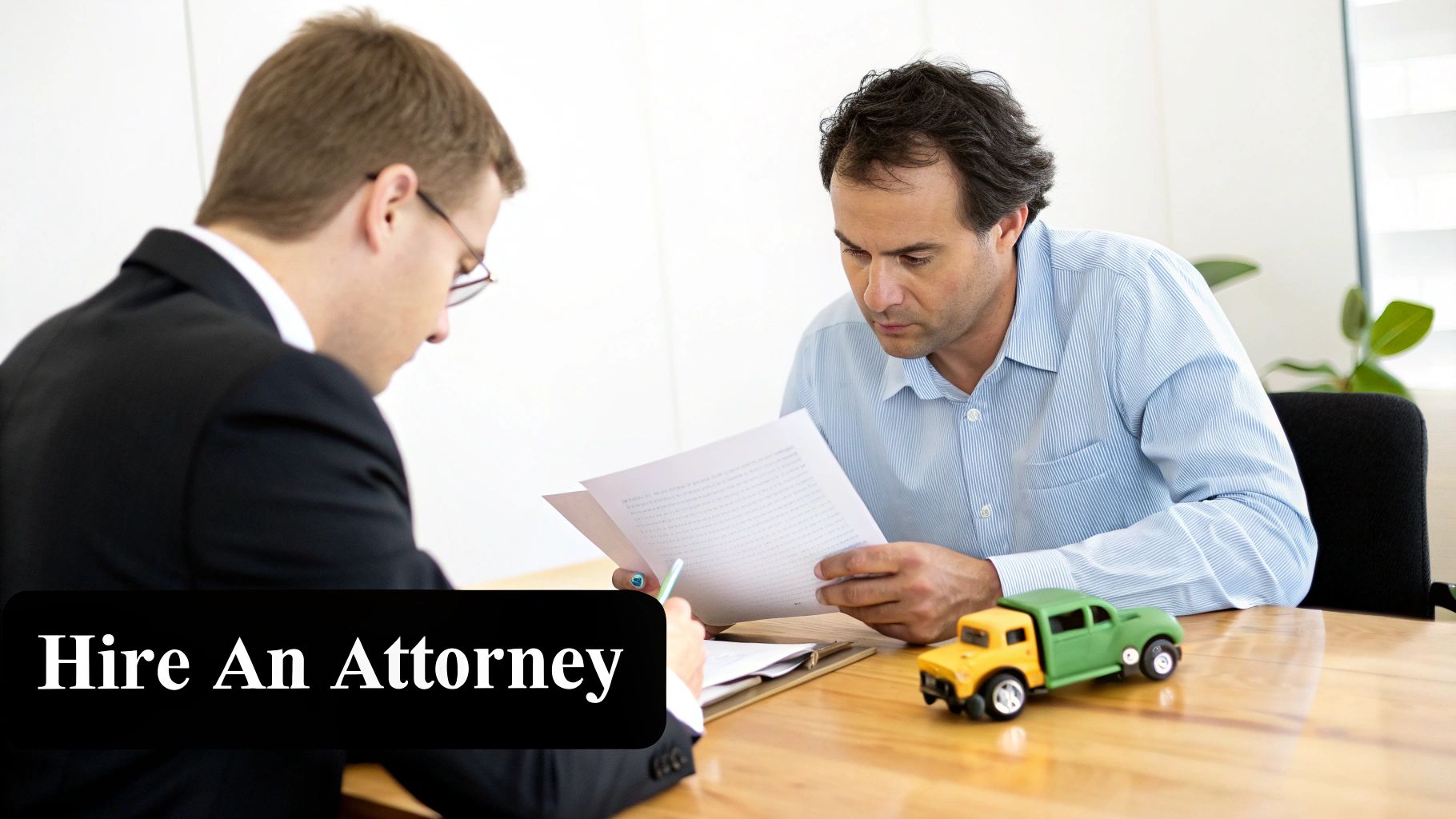 Two men, an attorney and client, review documents at a desk with a toy truck.
