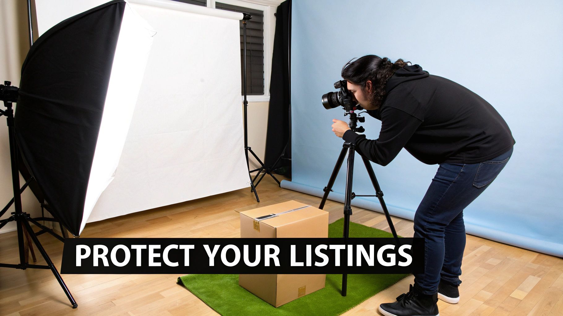 A photographer takes a picture of a package for online listings in a professional studio setting.