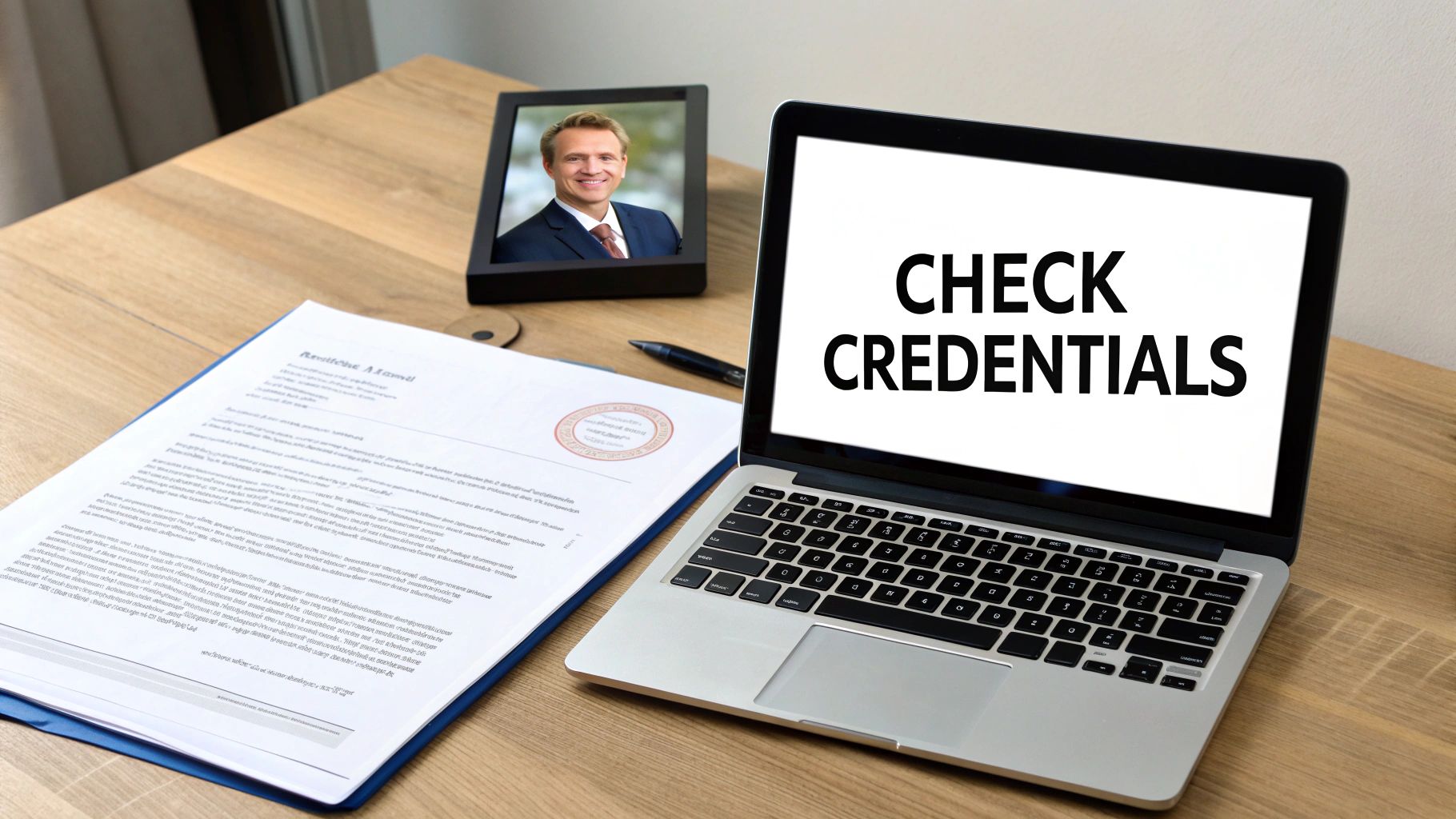 A laptop displaying 'CHECK CREDENTIALS' next to a resume, pen, and a framed photo on a wooden desk.