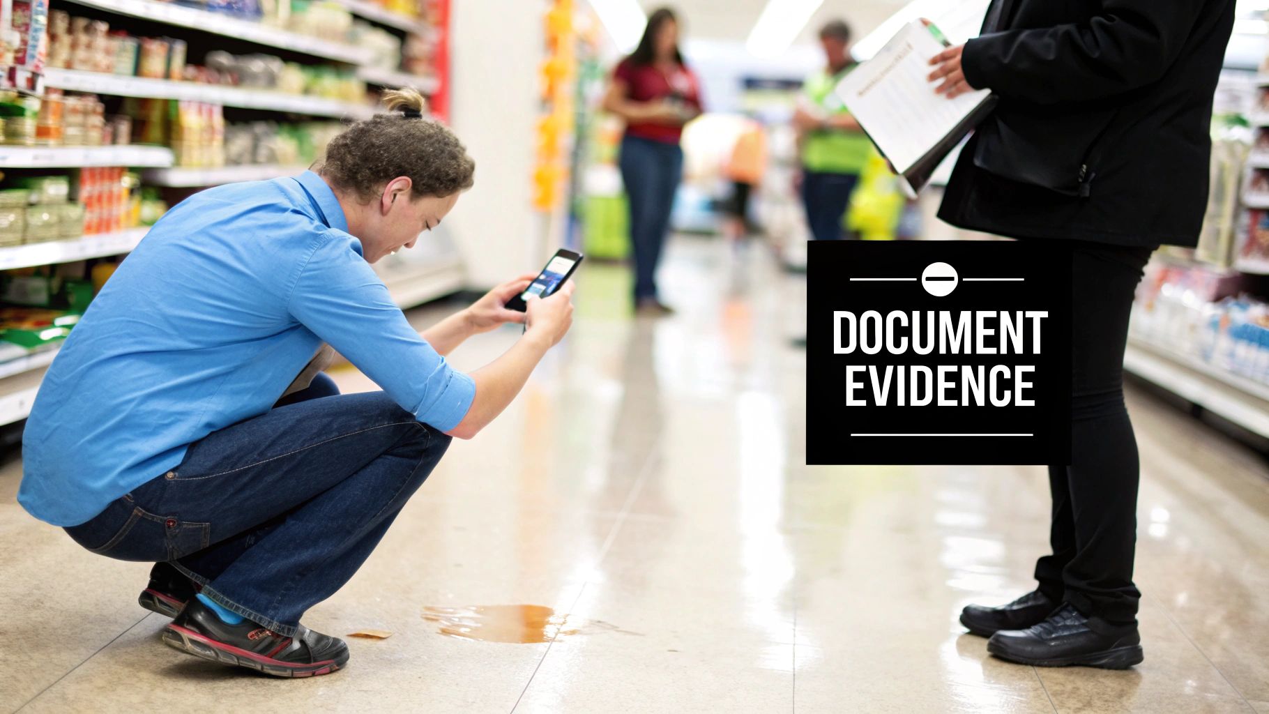 Person crouches in a store aisle, using a smartphone to photograph a liquid spill on the floor.
