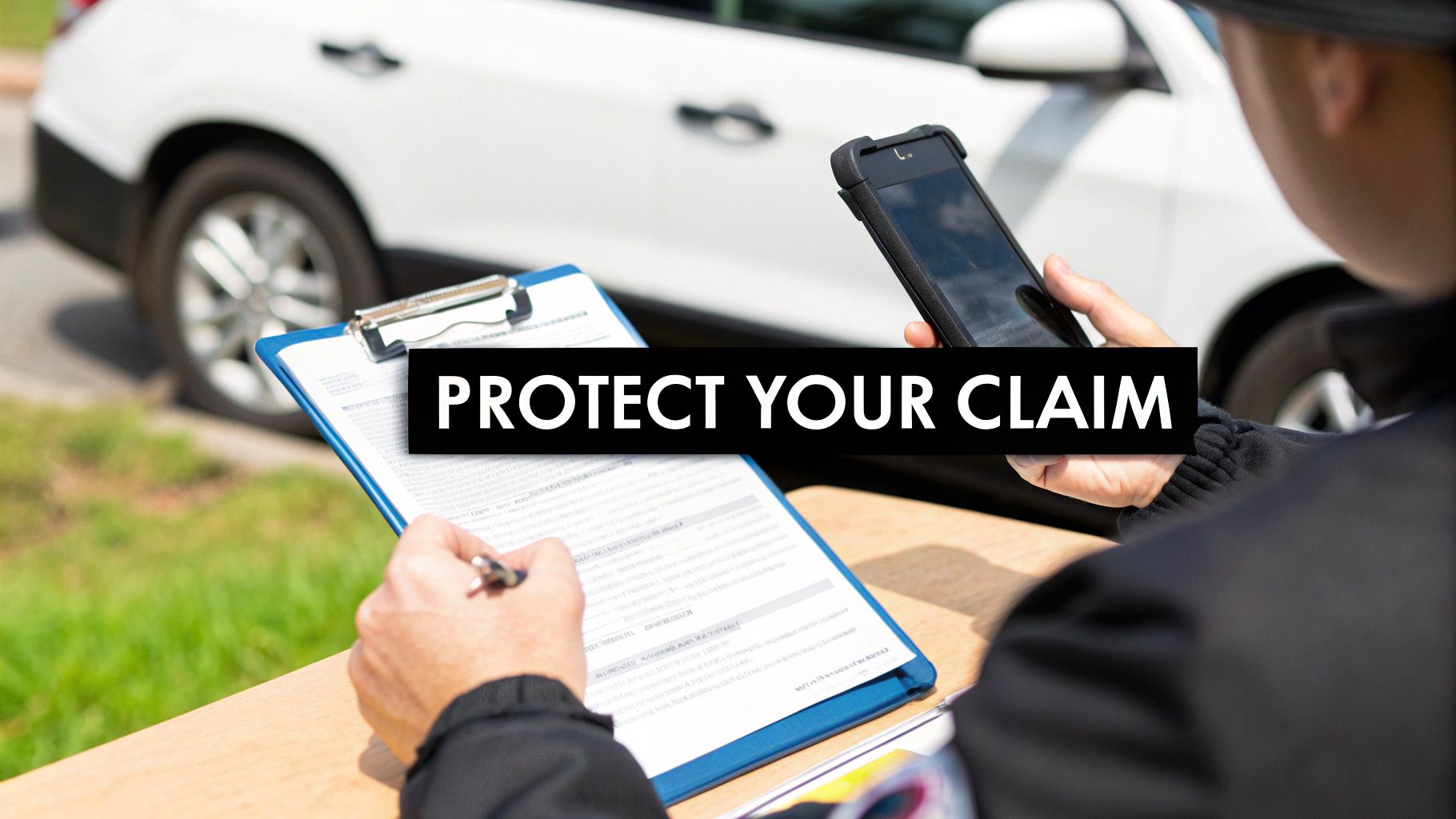 A person writing on a clipboard, another uses a phone, with a white car in the background for an accident claim.