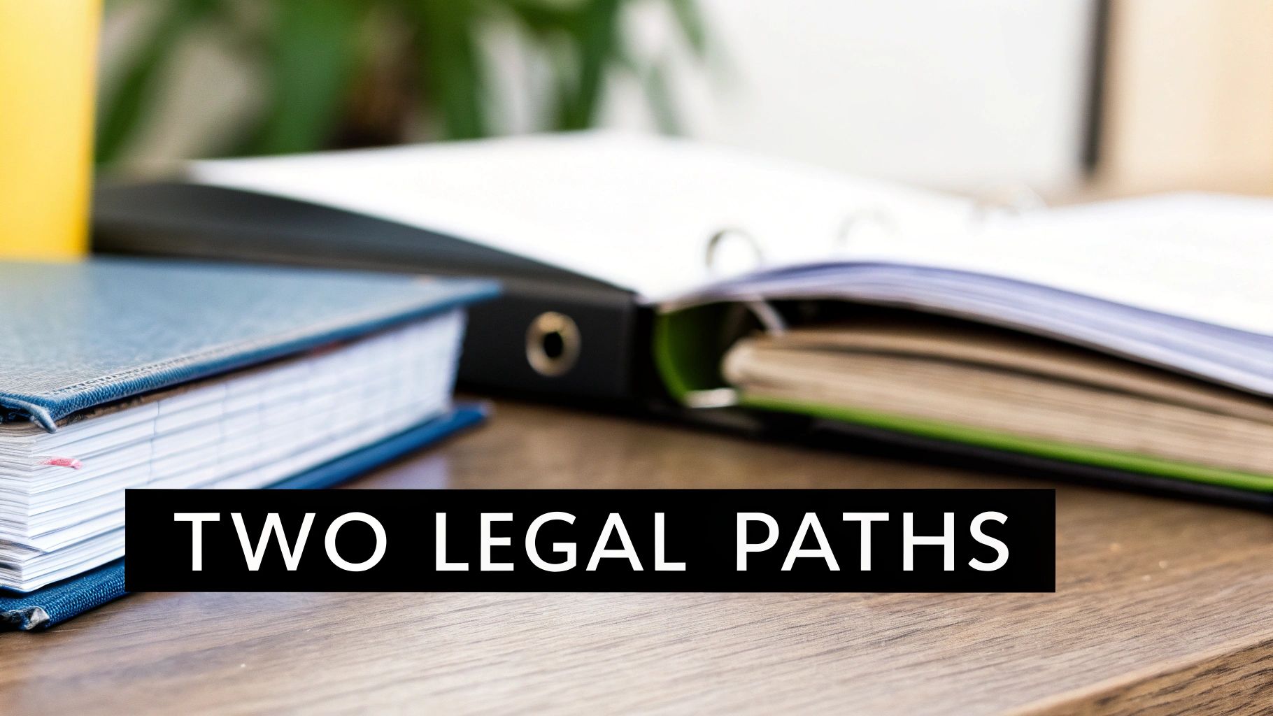 A blue book and an open binder with 'TWO LEGAL PATHS' text on a wooden desk.