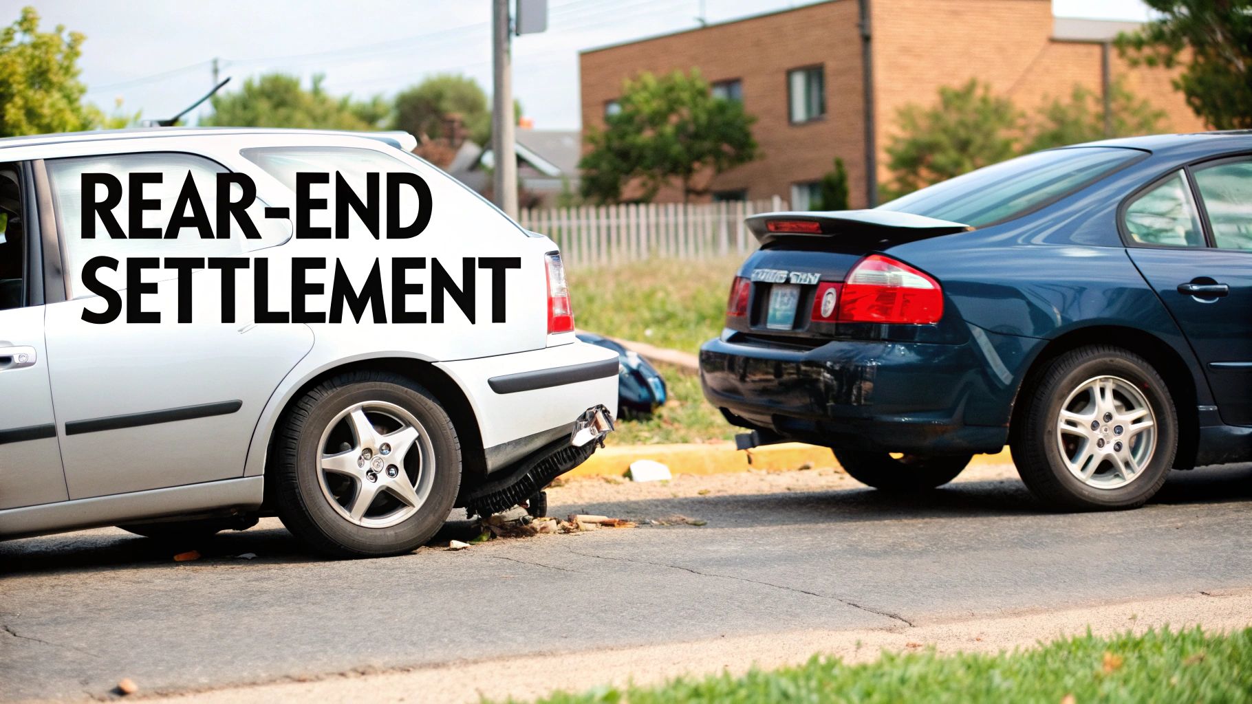 A white car with a damaged rear bumper after a rear-end collision with a blue car, featuring text 'REAR-END SETTLEMENT'.