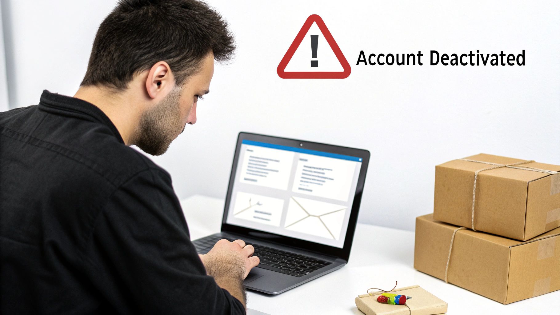 A man stares at his laptop, showing an 'Account Deactivated' warning, with packages on a desk.