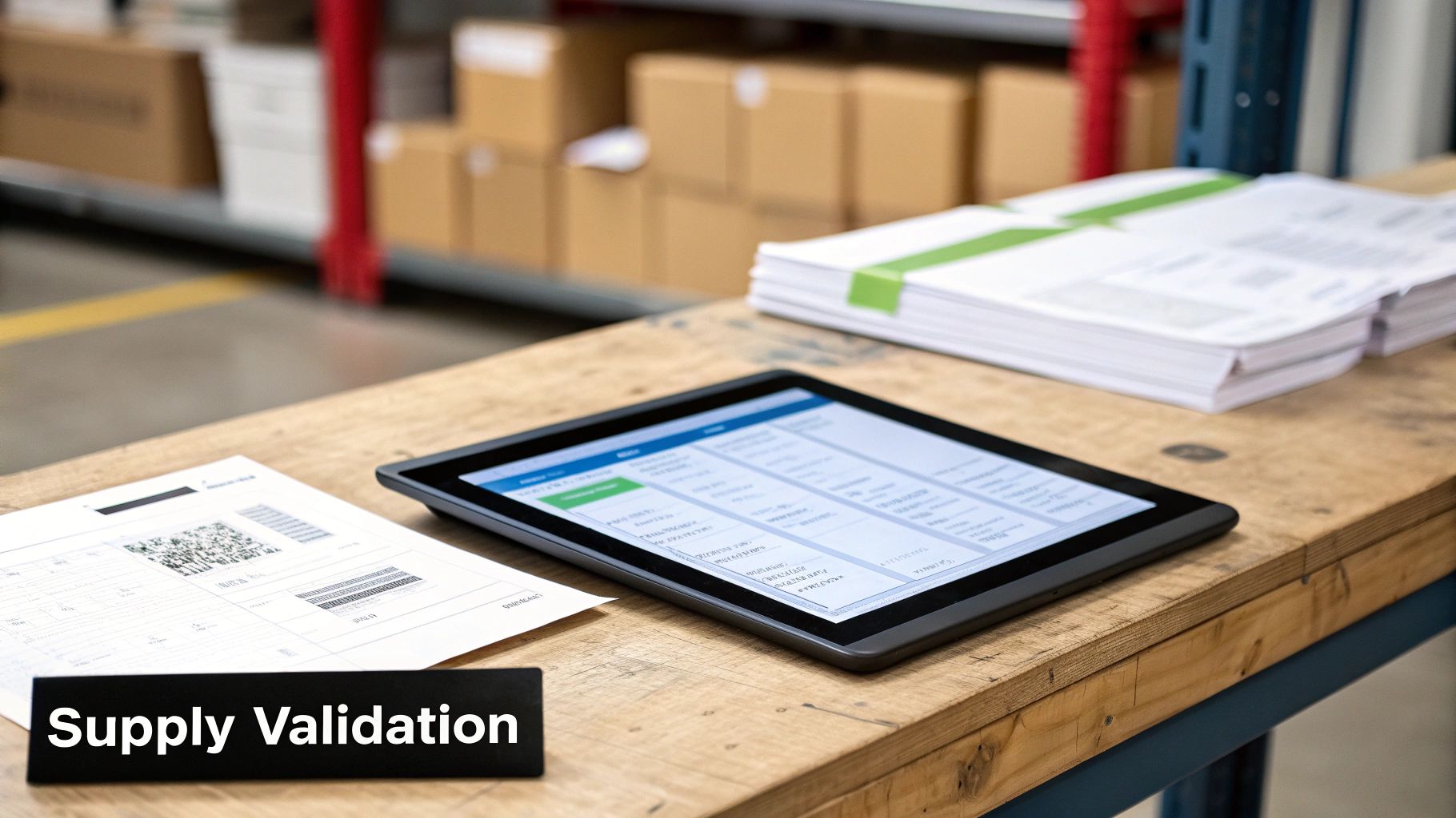 A warehouse worker checking inventory with a tablet, representing a validated supply chain.