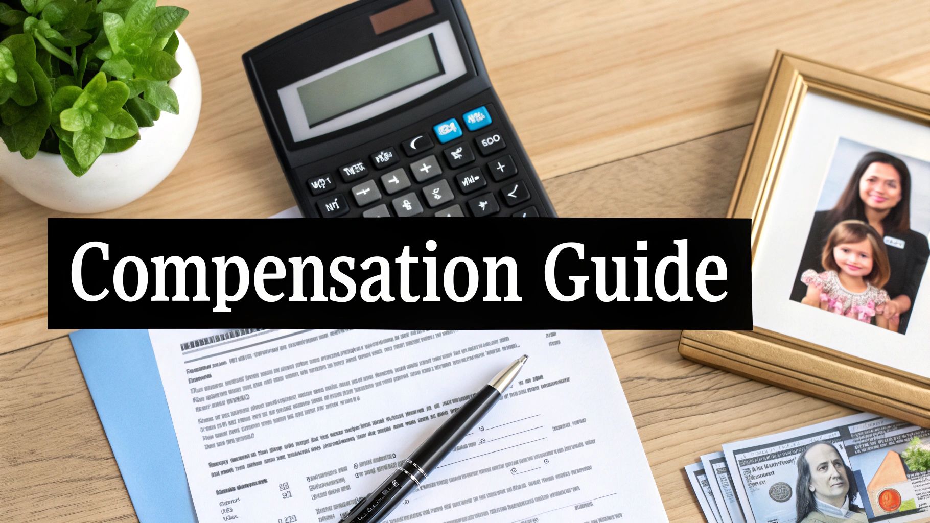 A desk with a calculator, documents, money, and a framed family photo, featuring a 'Compensation Guide' banner.