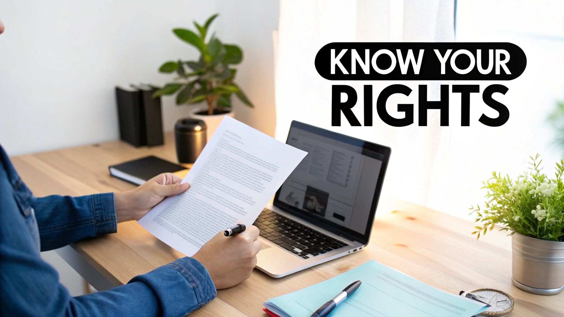 A person in a denim shirt reads a legal document, holding a pen, next to a laptop.
