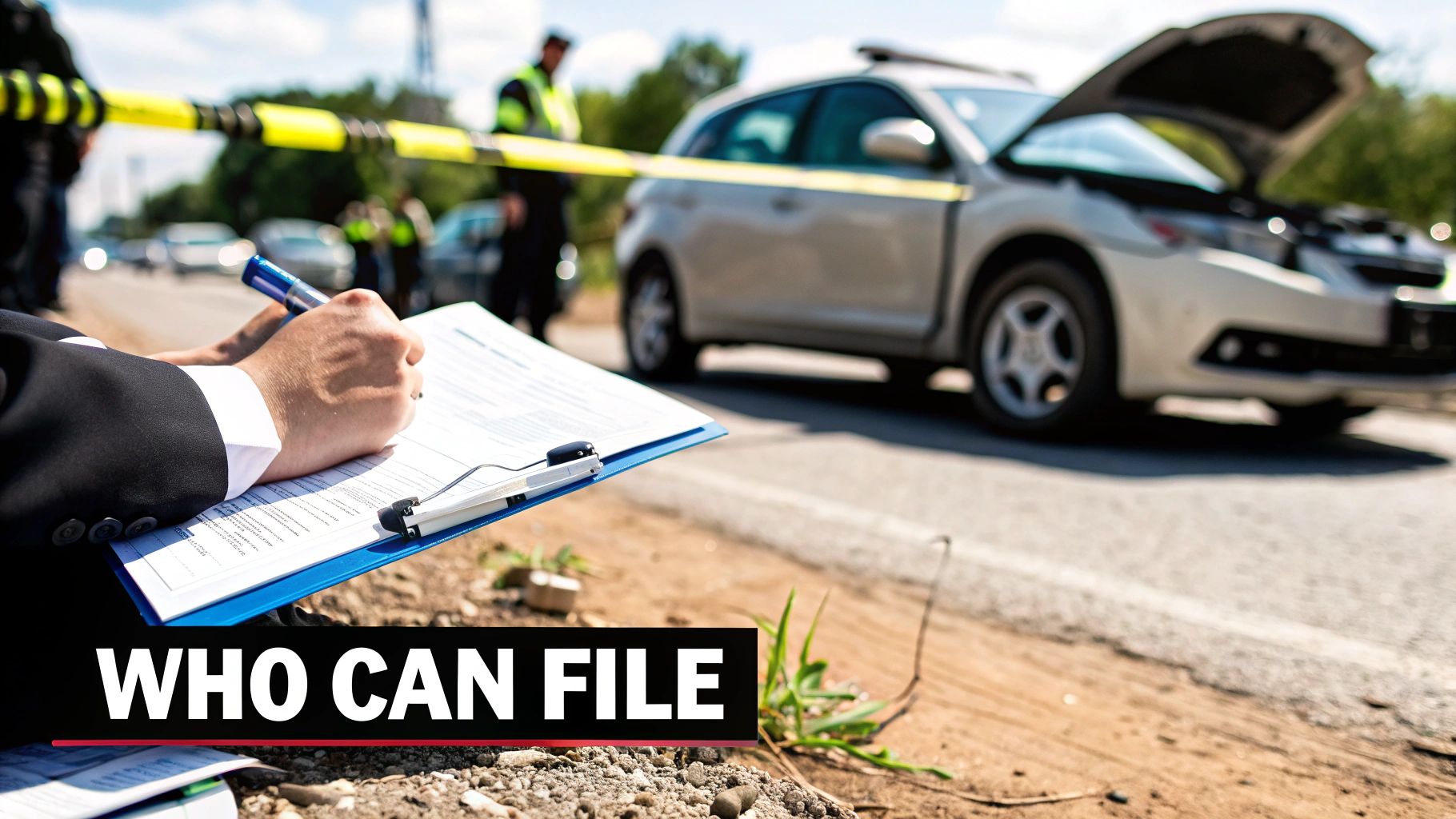 A magnifying glass hovering over legal documents, representing the investigation of a wrongful death claim.