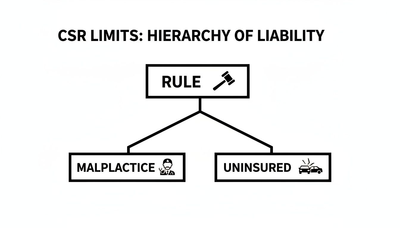 Flowchart illustrating the hierarchy of liability under CSR limits, with branches for malpractice and uninsured incidents.