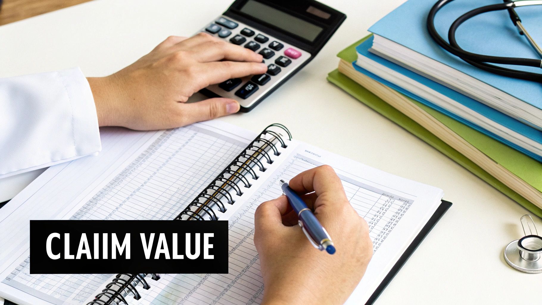 A person calculates claim value on a calculator and writes in a notebook, with medical supplies.