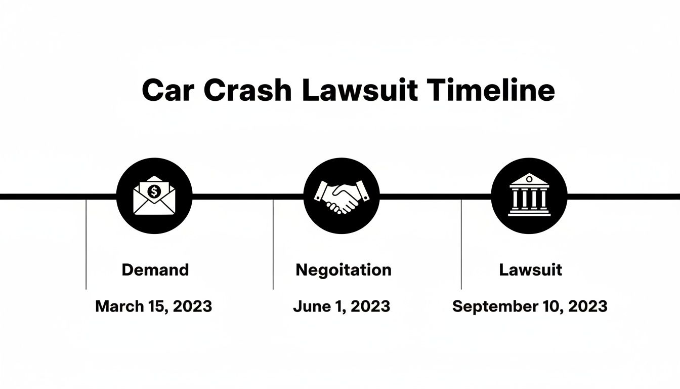 A car crash lawsuit timeline showing demand, negotiation, and lawsuit stages with dates and icons.